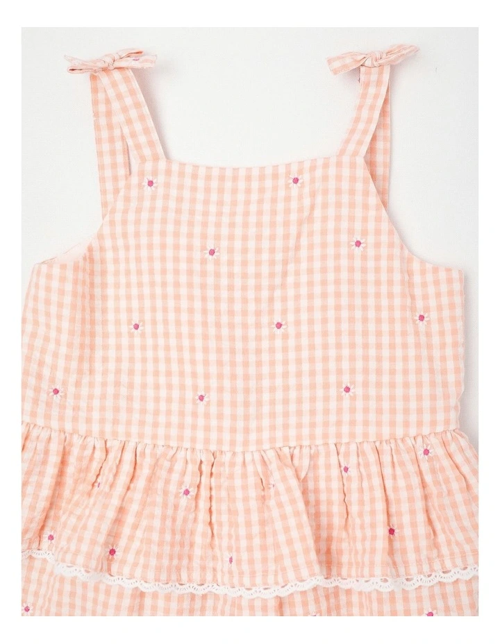 Sleeveless Gingham Playsuit With Scalloped Edge And Daisy Embroidery in Peach image 2