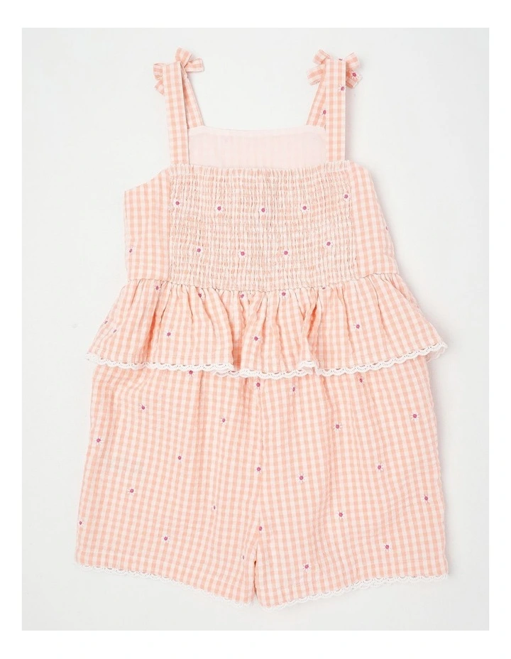Sleeveless Gingham Playsuit With Scalloped Edge And Daisy Embroidery in Peach image 3