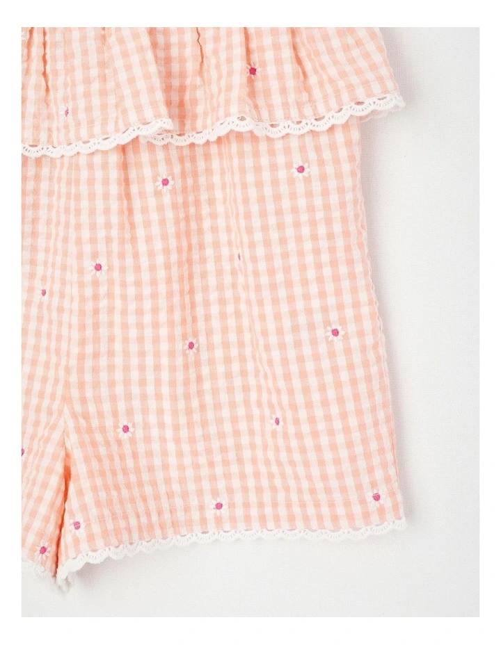Sleeveless Gingham Playsuit With Scalloped Edge And Daisy Embroidery in Peach image 4