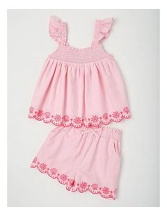 Top & Short Set W/ Broiderie Embroidery Scallop Edge in Light Pink