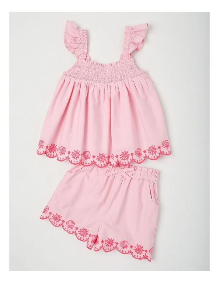 Top & Short Set W/ Broiderie Embroidery Scallop Edge in Light Pink image 1