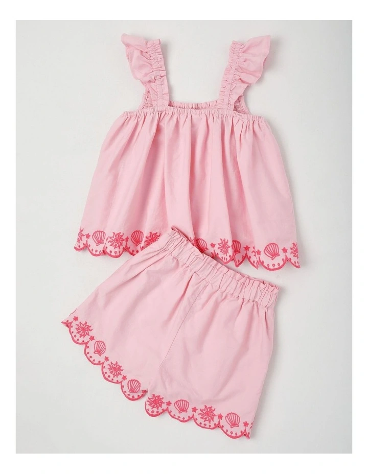 Top & Short Set W/ Broiderie Embroidery Scallop Edge in Light Pink image 3