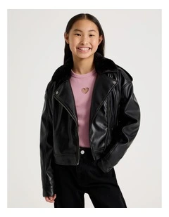 PU Biker Jacket with Fur Trim in Black