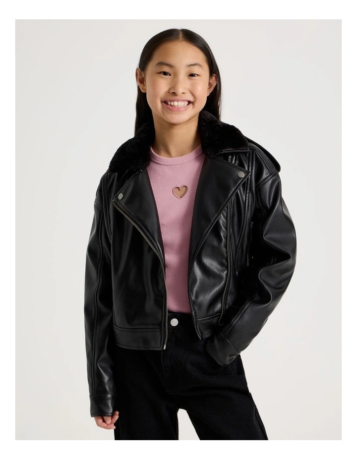 PU Biker Jacket with Fur Trim in Black image 1