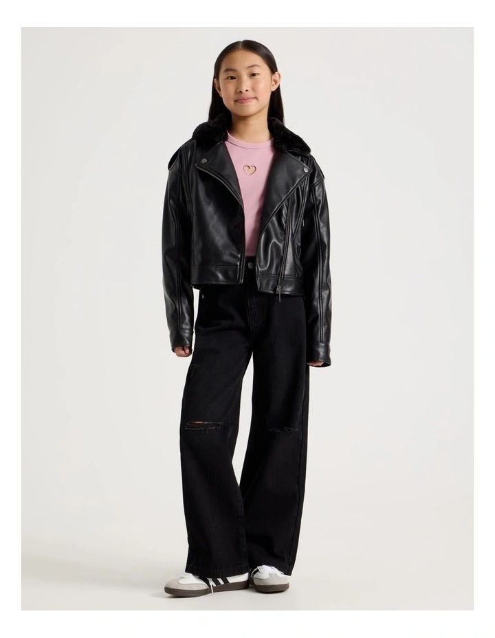 PU Biker Jacket with Fur Trim in Black image 2