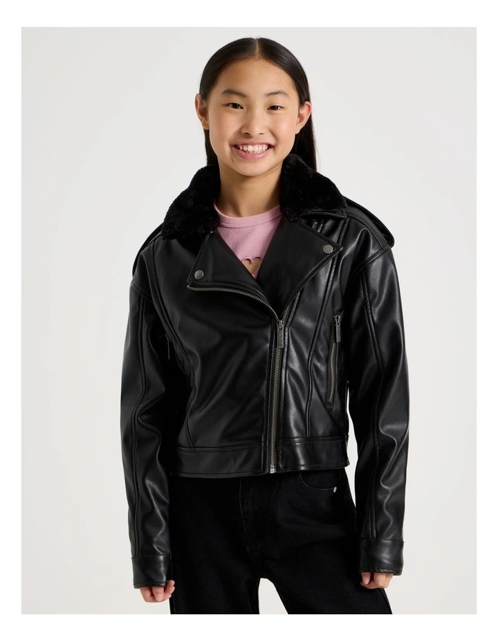 PU Biker Jacket with Fur Trim in Black image 3