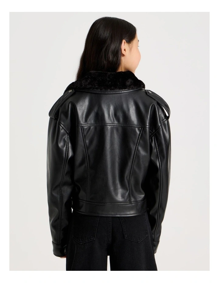 PU Biker Jacket with Fur Trim in Black image 5