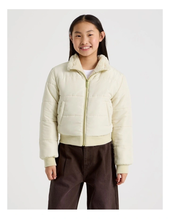 Reversible Fur Bomber Jacket in Ecru image 2