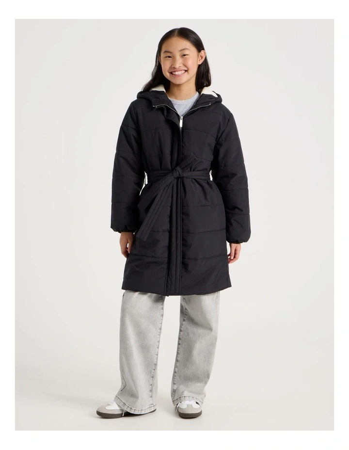 Longline Puffer Jacket with Tie Waist in Black image 1