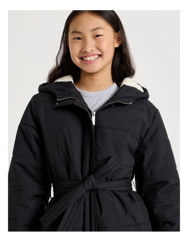 Longline Puffer Jacket with Tie Waist in Black image 2