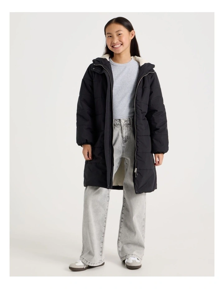 Longline Puffer Jacket with Tie Waist in Black image 3