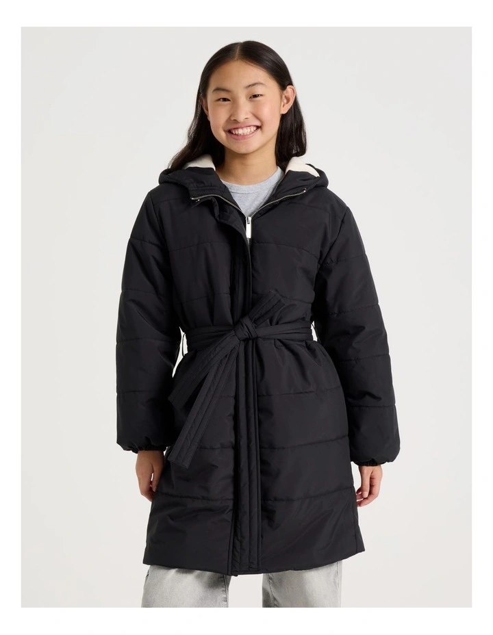 Longline Puffer Jacket with Tie Waist in Black image 4