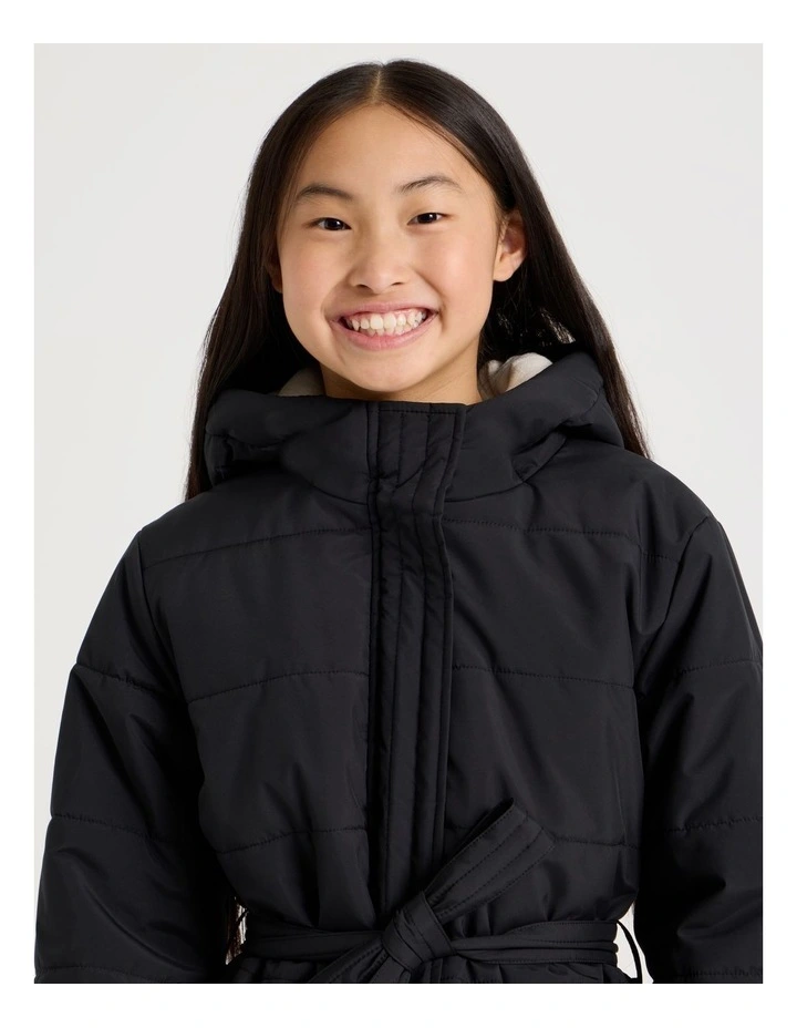 Longline Puffer Jacket with Tie Waist in Black image 5