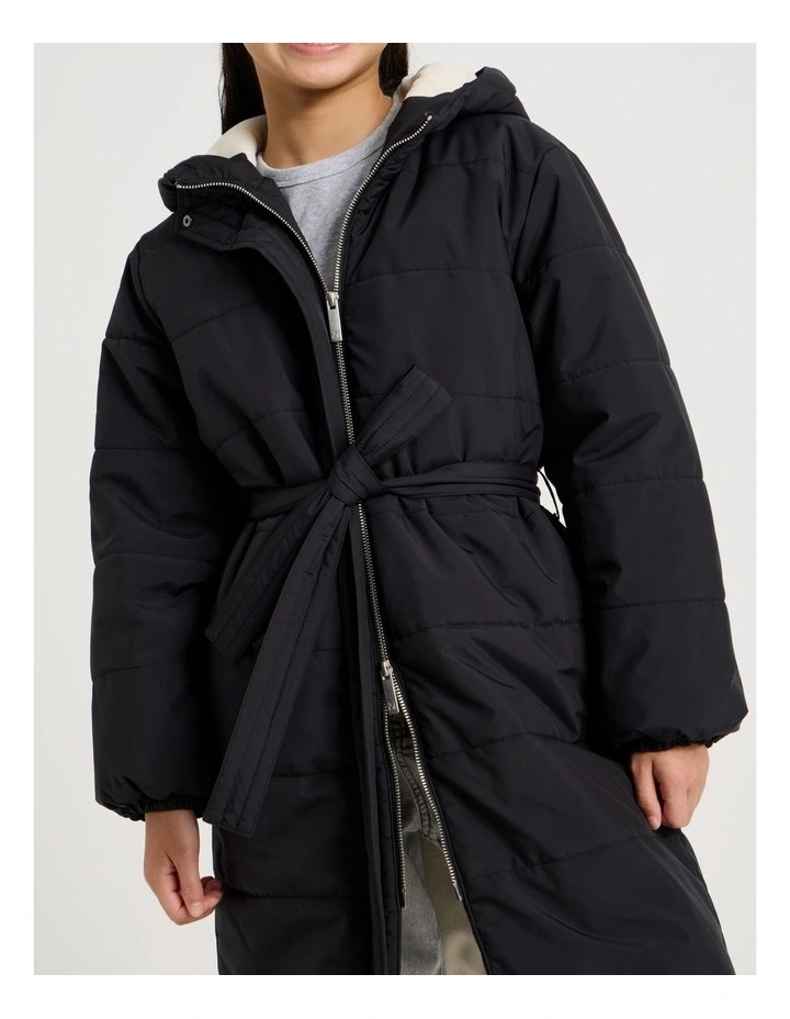 Longline Puffer Jacket with Tie Waist in Black image 6