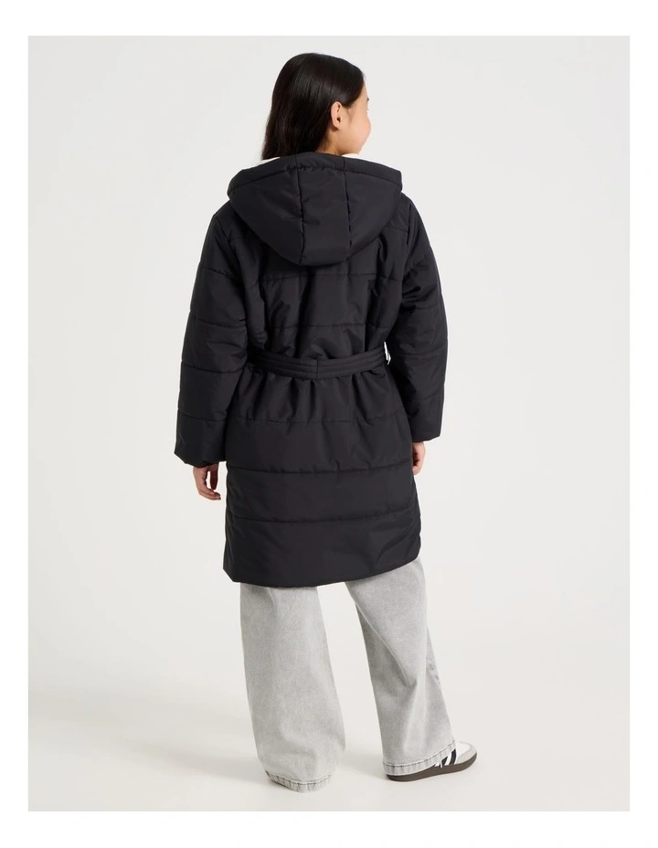 Longline Puffer Jacket with Tie Waist in Black image 7