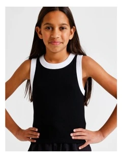 Essentials Rib Racer Singlet in Black With White Trim