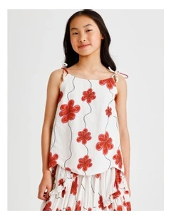 Sleeveless Linen A-Line Singlet with Bow At Shoulder in Floral, Ecru and Red