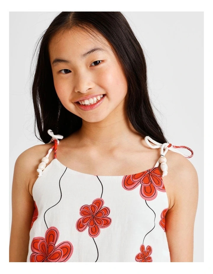 Sleeveless Linen A-Line Singlet with Bow At Shoulder in Floral, Ecru and Red image 2