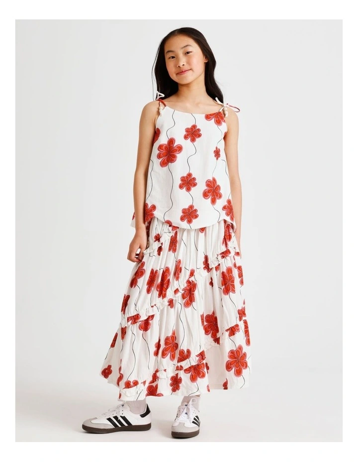 Sleeveless Linen A-Line Singlet with Bow At Shoulder in Floral, Ecru and Red image 3