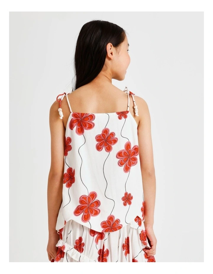 Sleeveless Linen A-Line Singlet with Bow At Shoulder in Floral, Ecru and Red image 4
