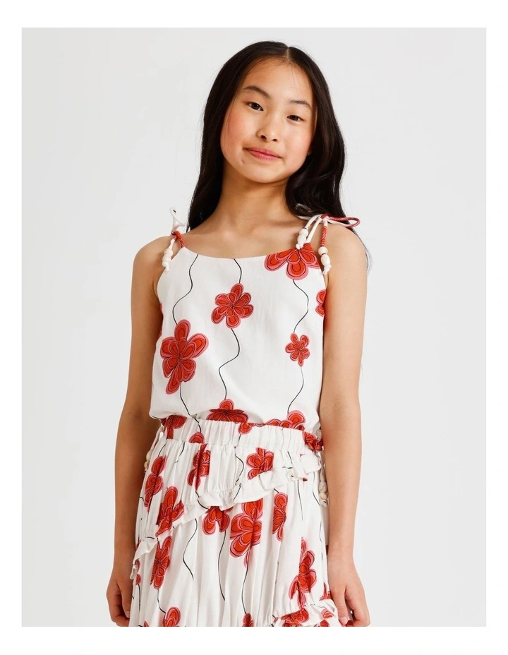 Sleeveless Linen A-Line Singlet with Bow At Shoulder in Floral, Ecru and Red image 5