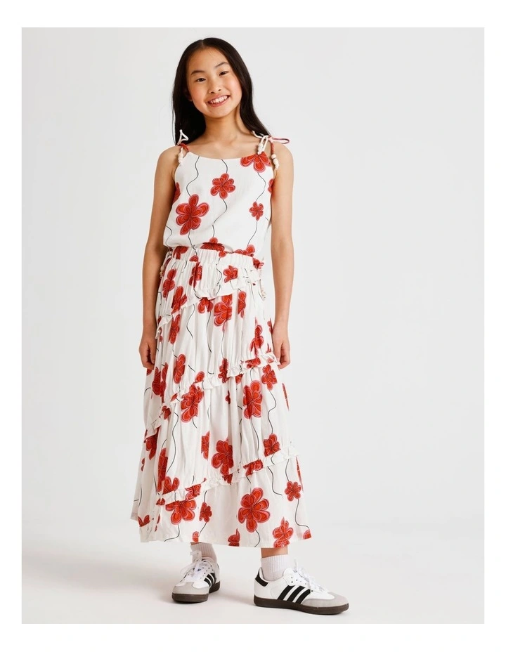 Sleeveless Linen A-Line Singlet with Bow At Shoulder in Floral, Ecru and Red image 6