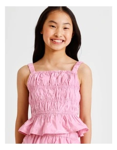 Sleeeless Poplin Shirred Peplum Singlet in Floral and Dusty Pink