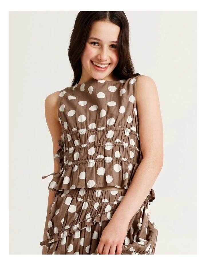 Sleeveless Linen Shirred Singlet with Side Ties in Brown image 1