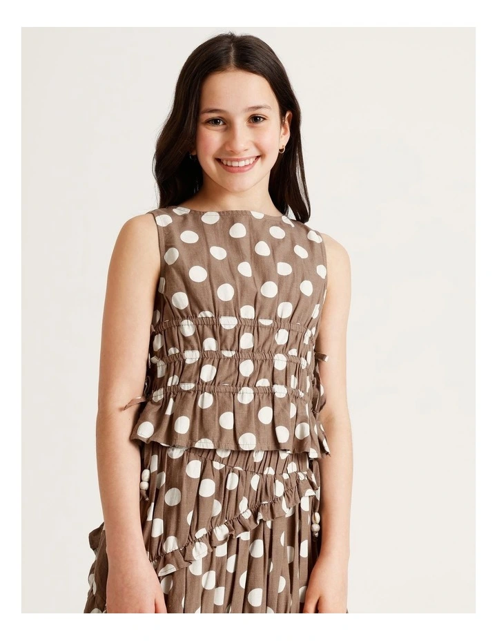 Sleeveless Linen Shirred Singlet with Side Ties in Brown image 3