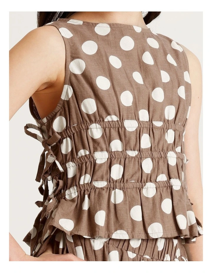 Sleeveless Linen Shirred Singlet with Side Ties in Brown image 5