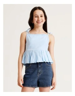 Sleeveless Linen Bubble Hem Singlet in Light Blue