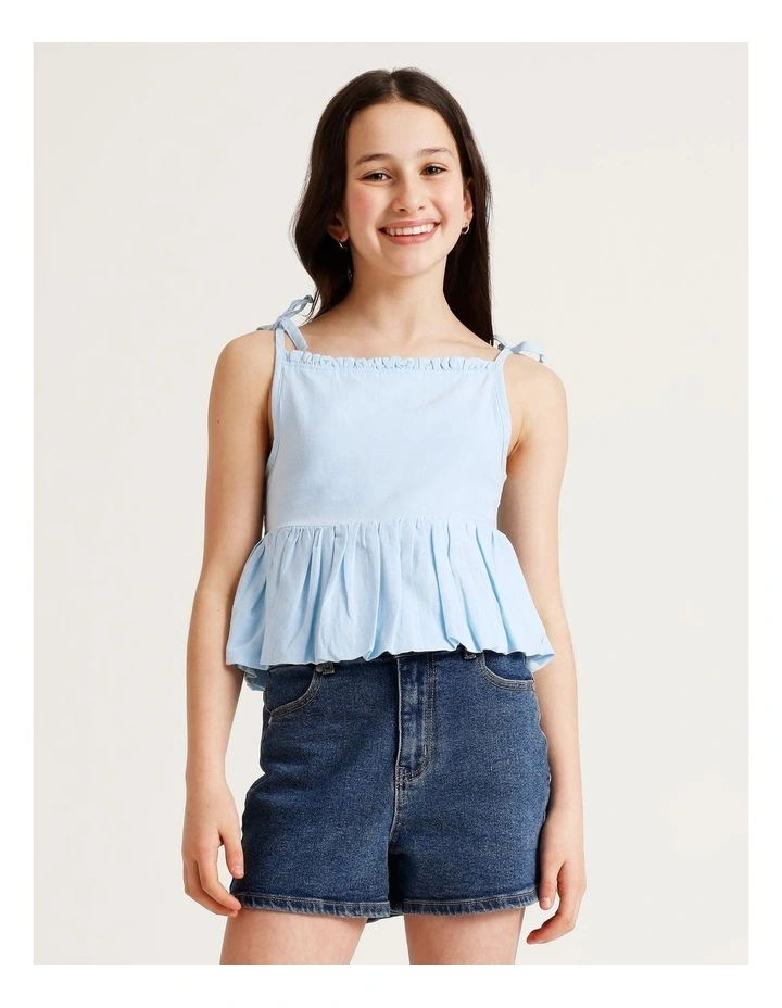 Sleeveless Linen Bubble Hem Singlet in Light Blue image 1