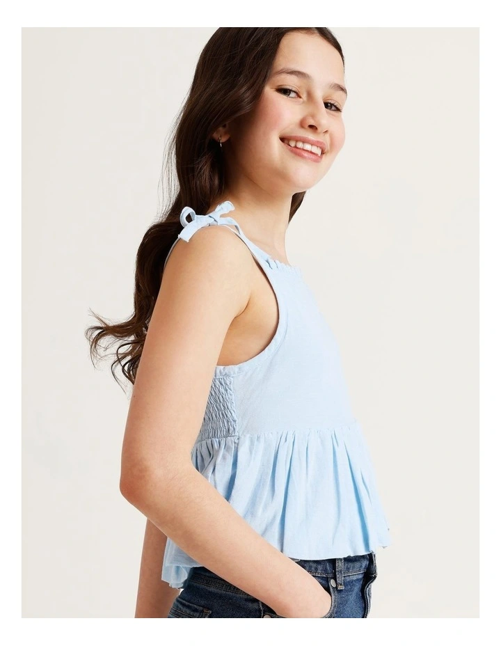 Sleeveless Linen Bubble Hem Singlet in Light Blue image 2