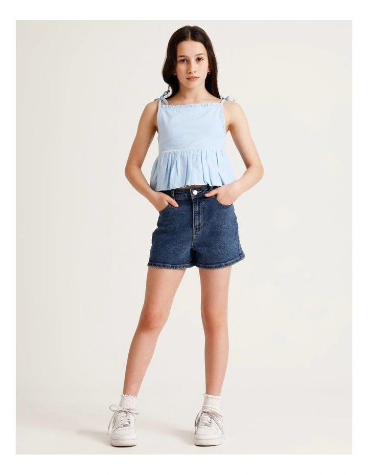 Sleeveless Linen Bubble Hem Singlet in Light Blue image 3