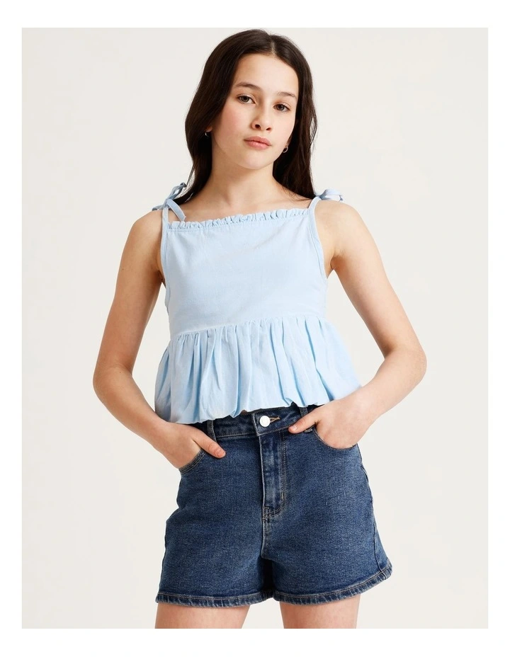 Sleeveless Linen Bubble Hem Singlet in Light Blue image 4