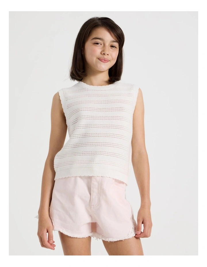 Sleeveless Crochet Knit Tank with Scallop Hem in White image 1