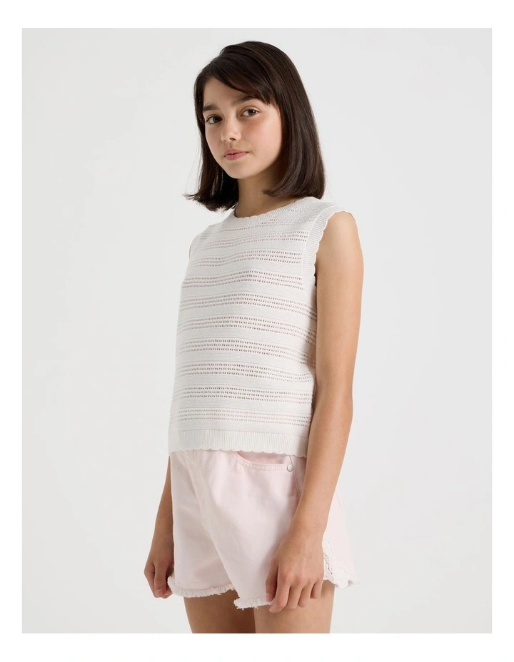Sleeveless Crochet Knit Tank with Scallop Hem in White image 3