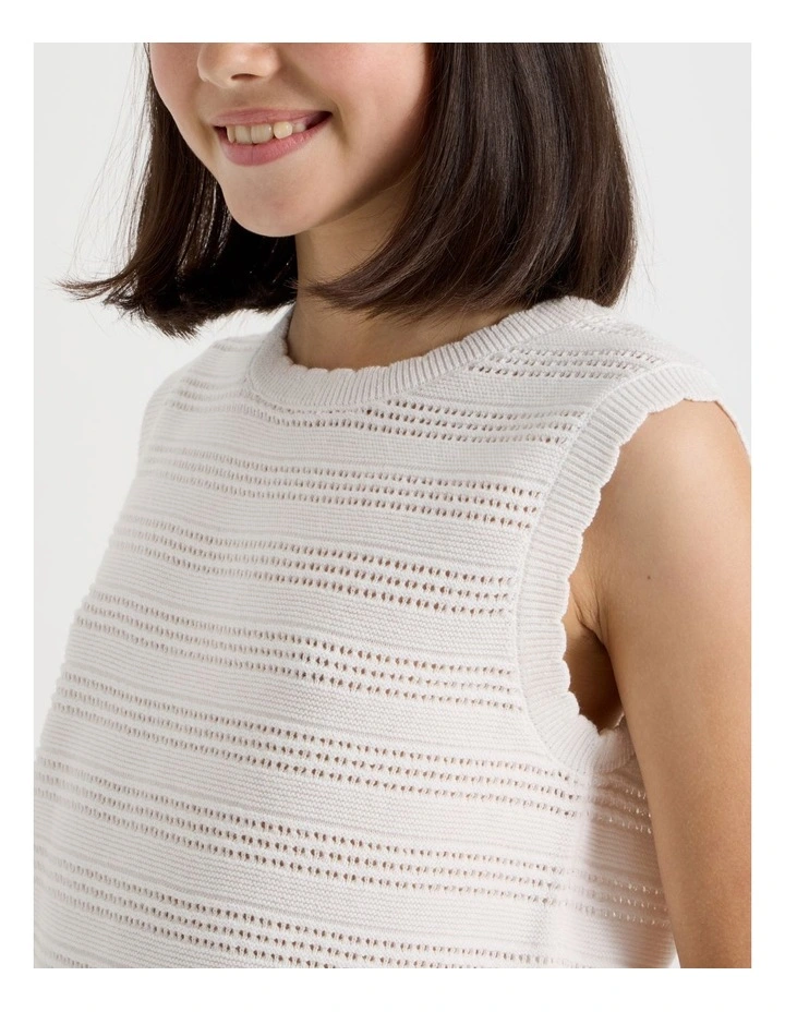 Sleeveless Crochet Knit Tank with Scallop Hem in White image 4