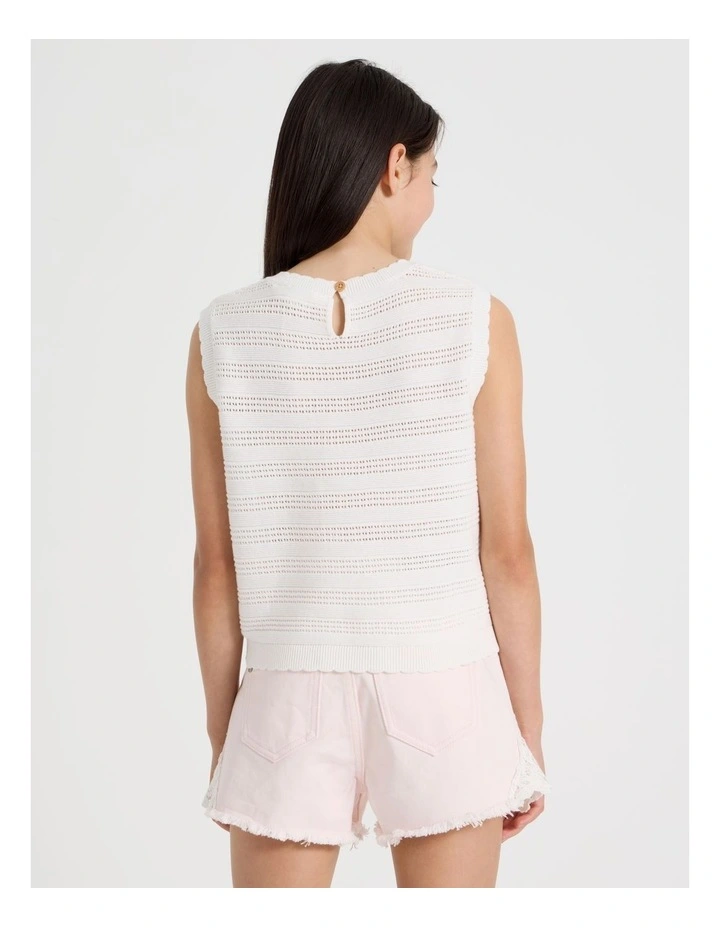 Sleeveless Crochet Knit Tank with Scallop Hem in White image 5