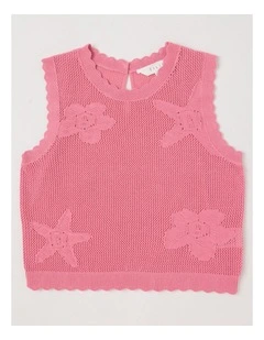 Sleeveless Crochet Knit Tank with Scallop Hem in Pink