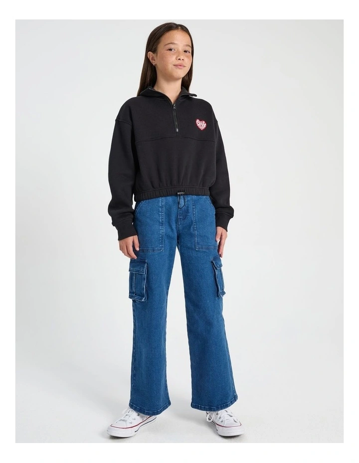 1/4 Zip Cropped Sweat Top in Black image 2