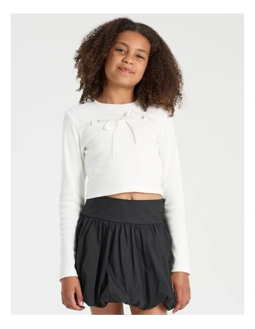 Satin Bow Rib Top in White