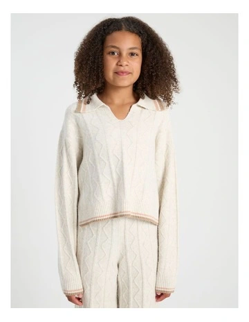 Knitted Cropped Cable Knit Jumper in Natural