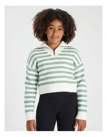 Knitted 1/4 Zip Jumper in Sage Stripe