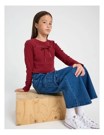 Long Sleeve Satin Bow Rib Top in Brown