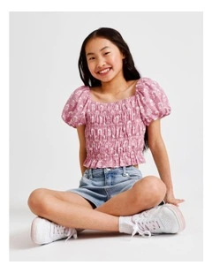 Short Sleeve Rayon Puff Sleeve Top in Floral Dusty Pink