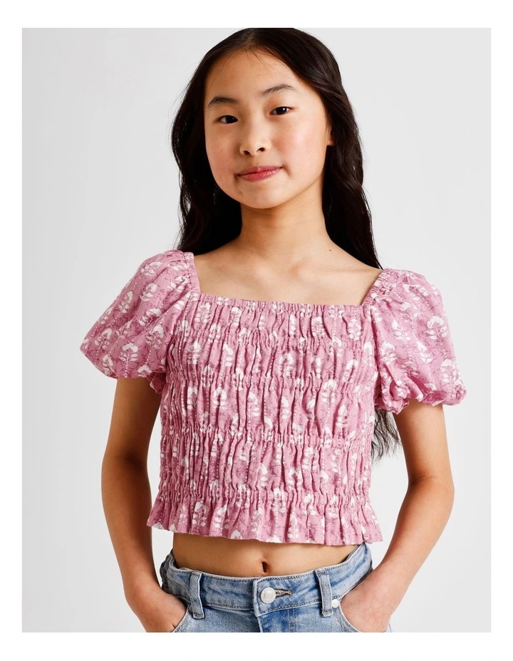 Short Sleeve Rayon Puff Sleeve Top in Floral Dusty Pink image 2