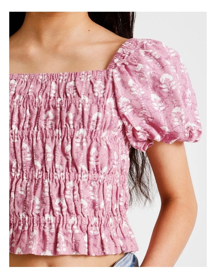 Short Sleeve Rayon Puff Sleeve Top in Floral Dusty Pink image 3