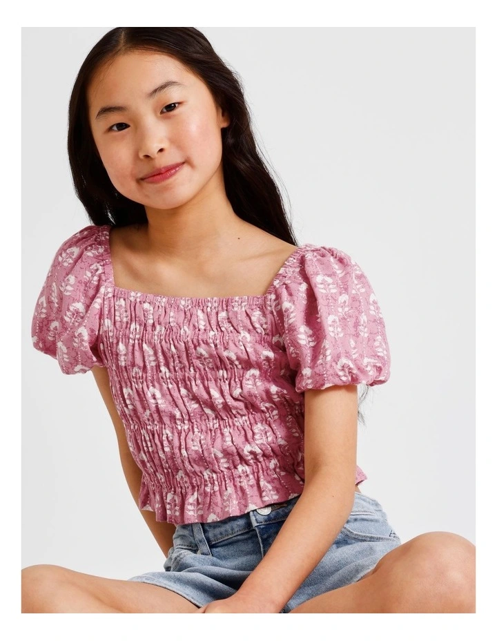 Short Sleeve Rayon Puff Sleeve Top in Floral Dusty Pink image 4