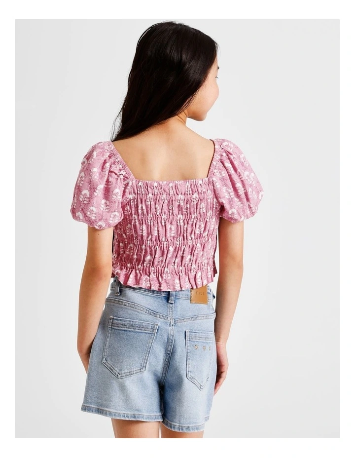 Short Sleeve Rayon Puff Sleeve Top in Floral Dusty Pink image 6